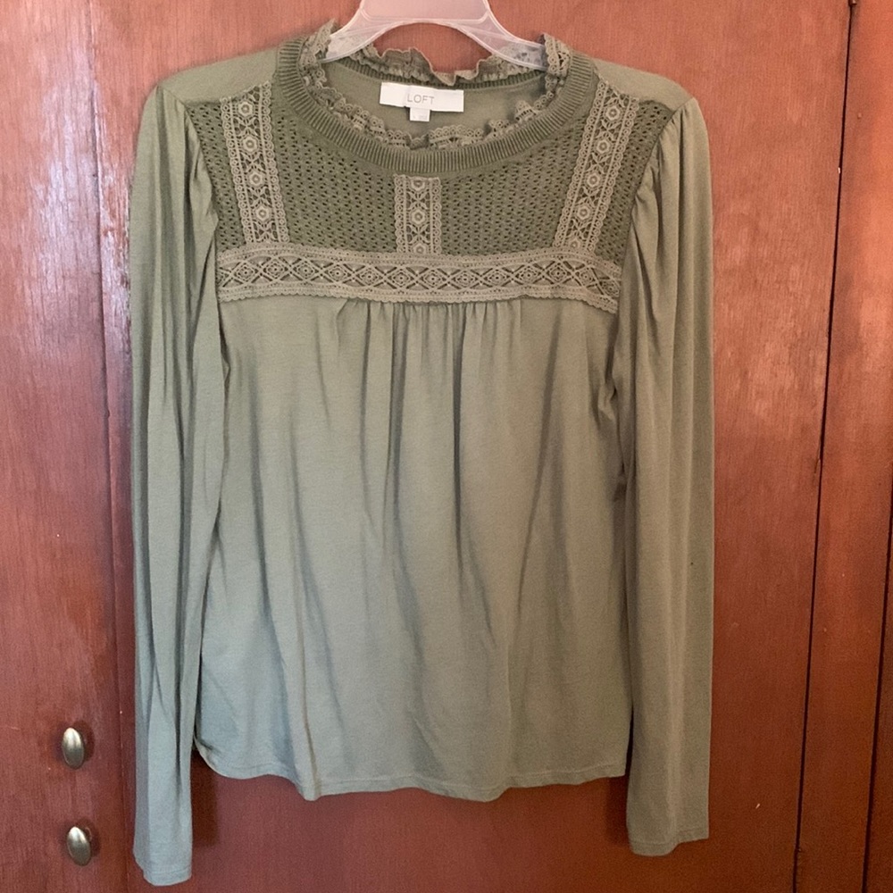 Olive green crochet detail long sleeve shirt.